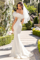 White Lace Bardot Feather Fishtail Maxi Dress